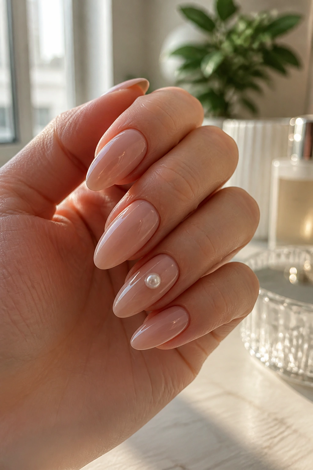 Close-up of hand showing pearl-accented nude almond nails