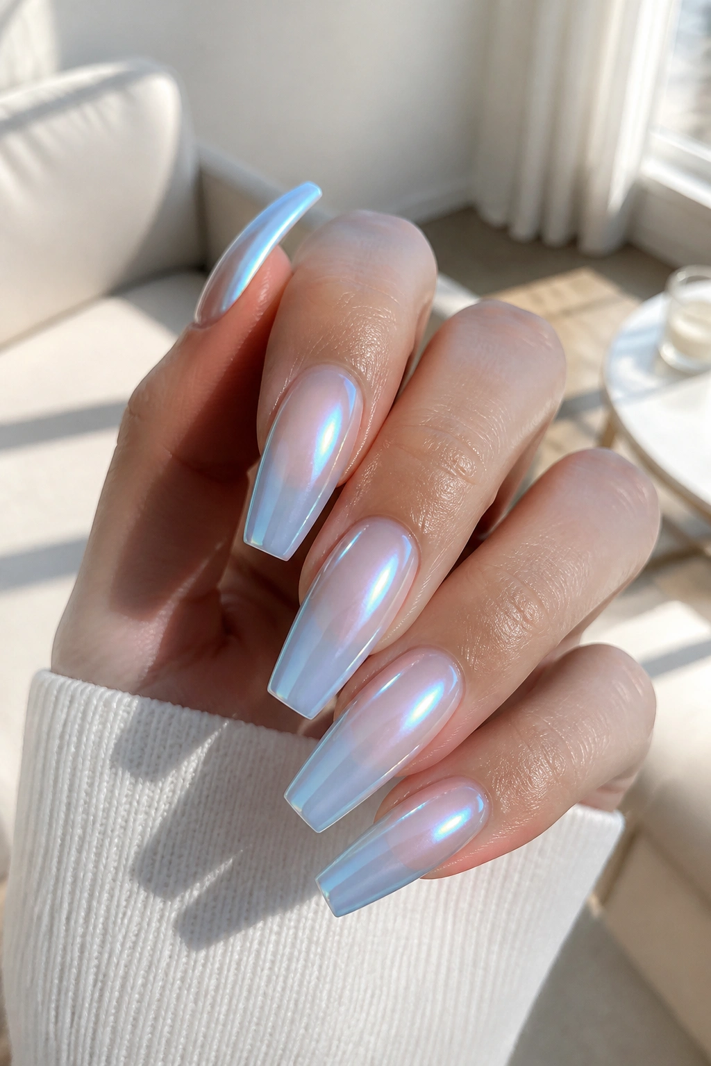 Nails with pearl chrome over pale blue ombre on real hand