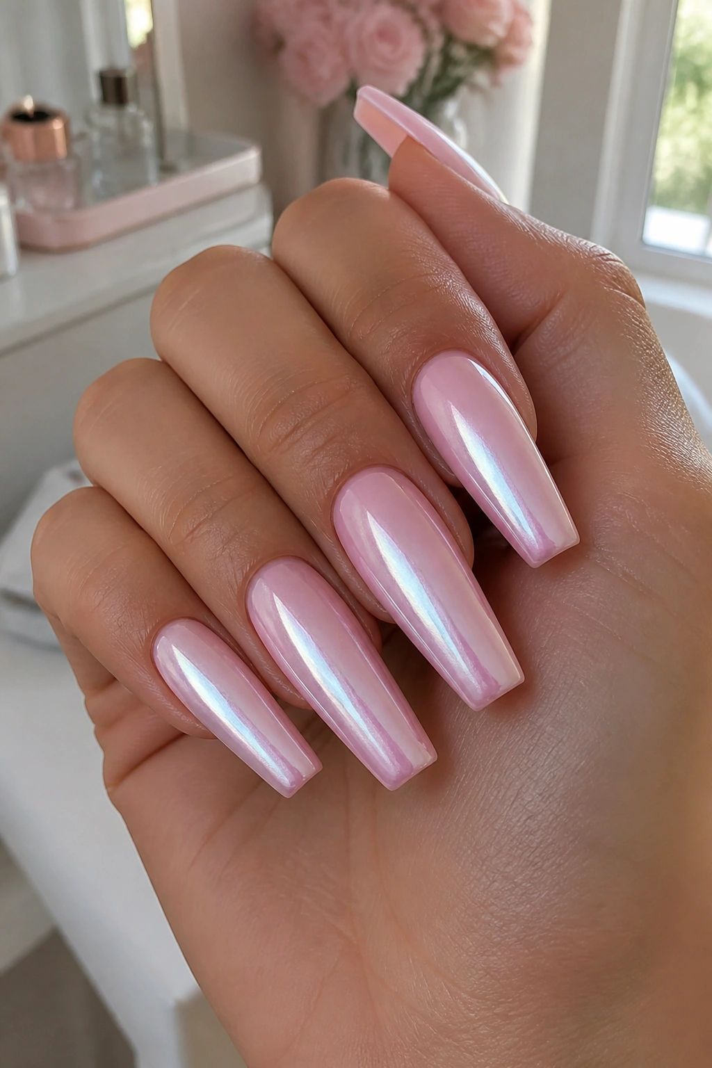 Close-up of coffin nails with pink ombre and pearl chrome tips on a real hand