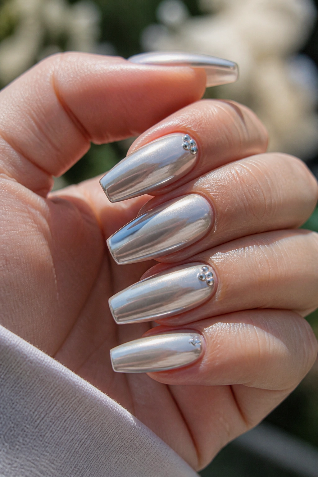 Close-up of pearl silver chrome coffin nails with tiny rhinestones on real hand