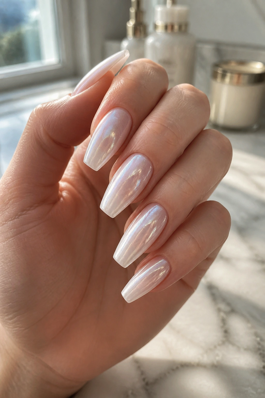 Close-up of pearl-finished coffin nails on a real hand in soft window light
