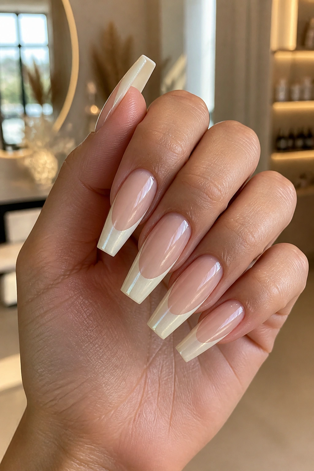 Close-up of pearl French tips with glazed finish on coffin nails