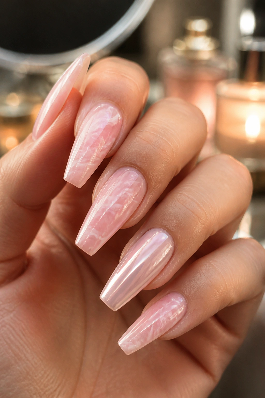 Sheer pink coffin nails with pearl glaze and white swirls