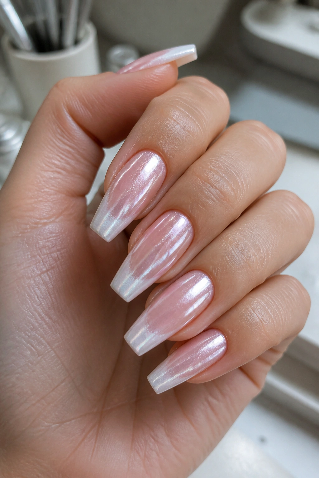 Close-up of pearl-glazed pink and white tipped coffin nails on real hand