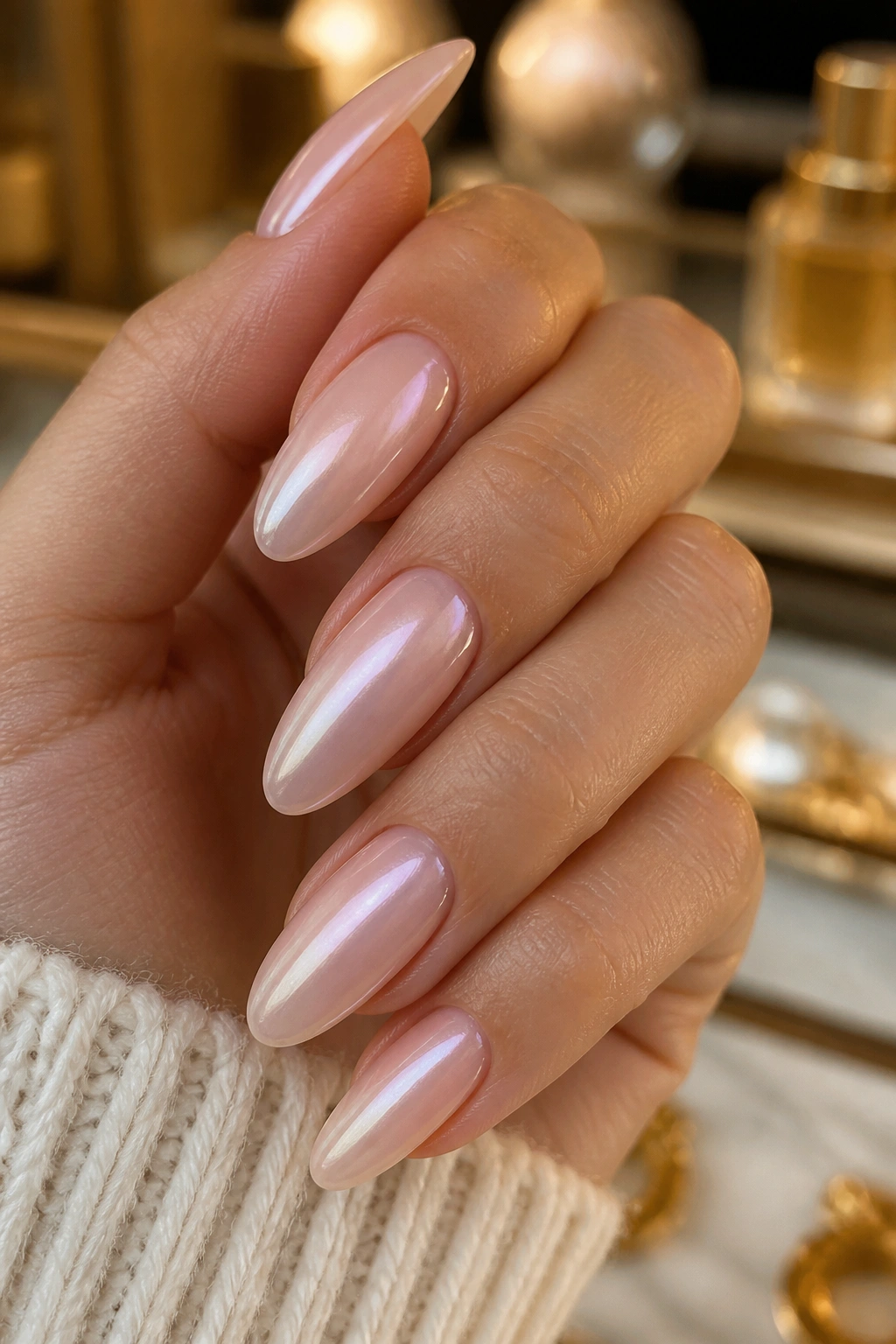 Close-up of nude almond nails with pearl gloss on a real hand