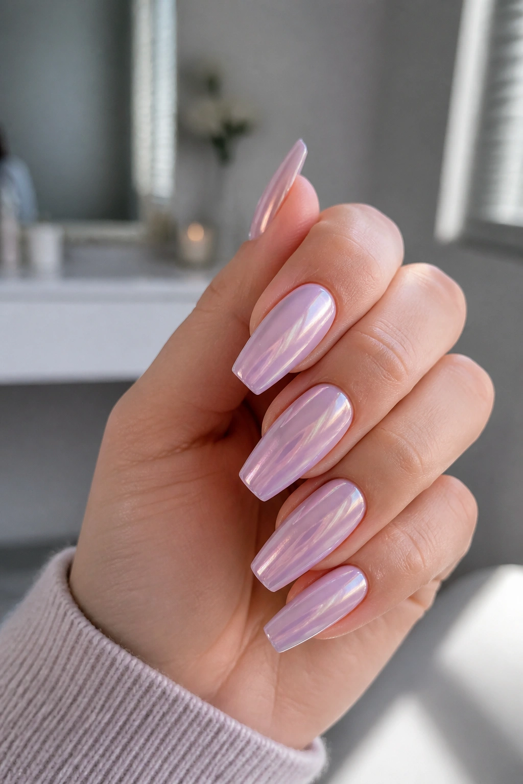 Close-up of pearl lilac chrome coffin nails on a hand with a soft glossy finish.