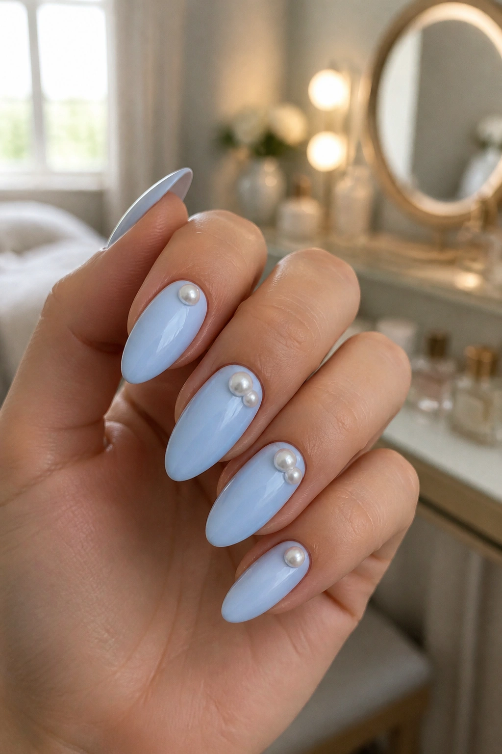 Close-up of a hand with almond nails in light blue with pearl accents near the cuticles