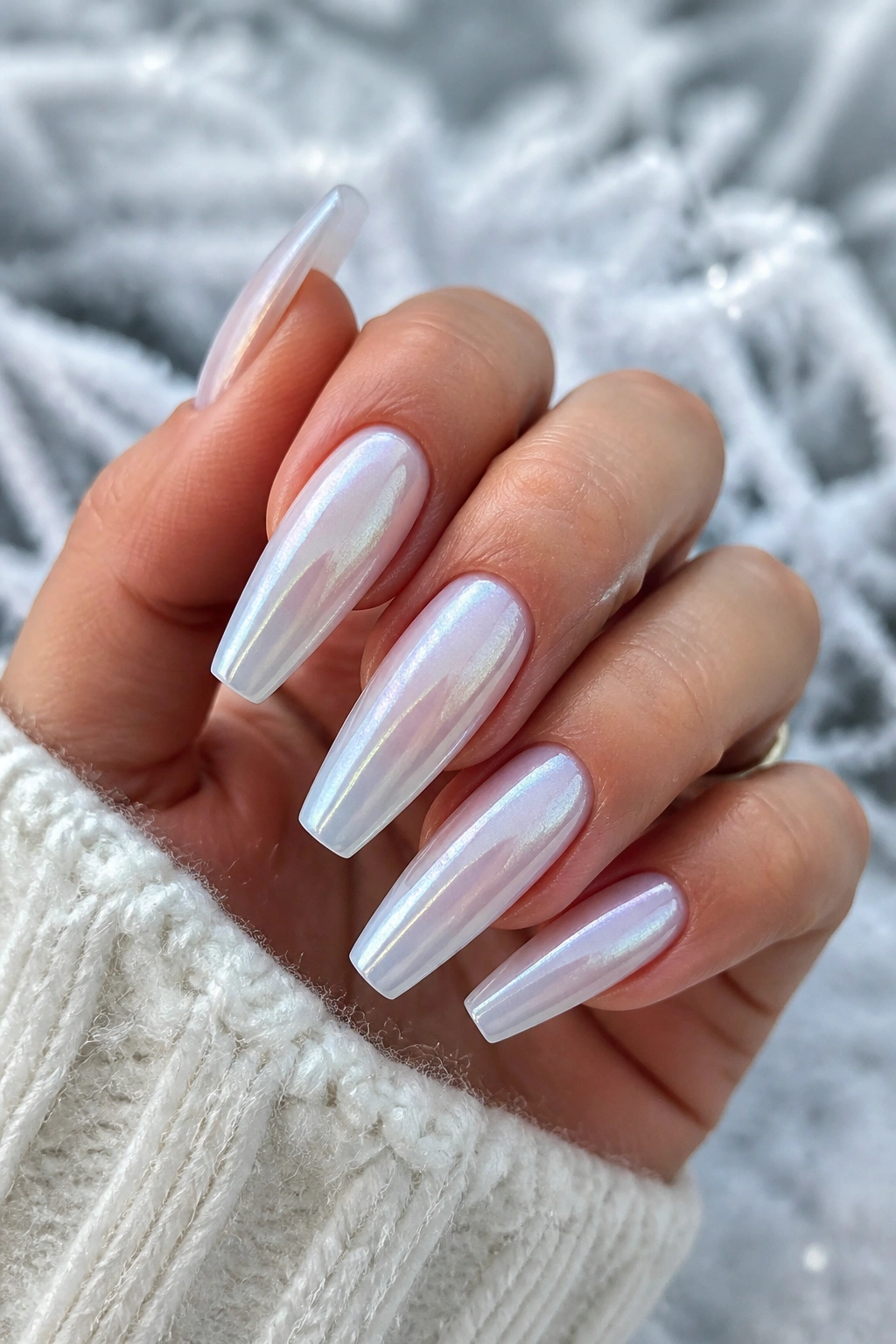 Close-up of icy pearl coffin nails in cool daylight