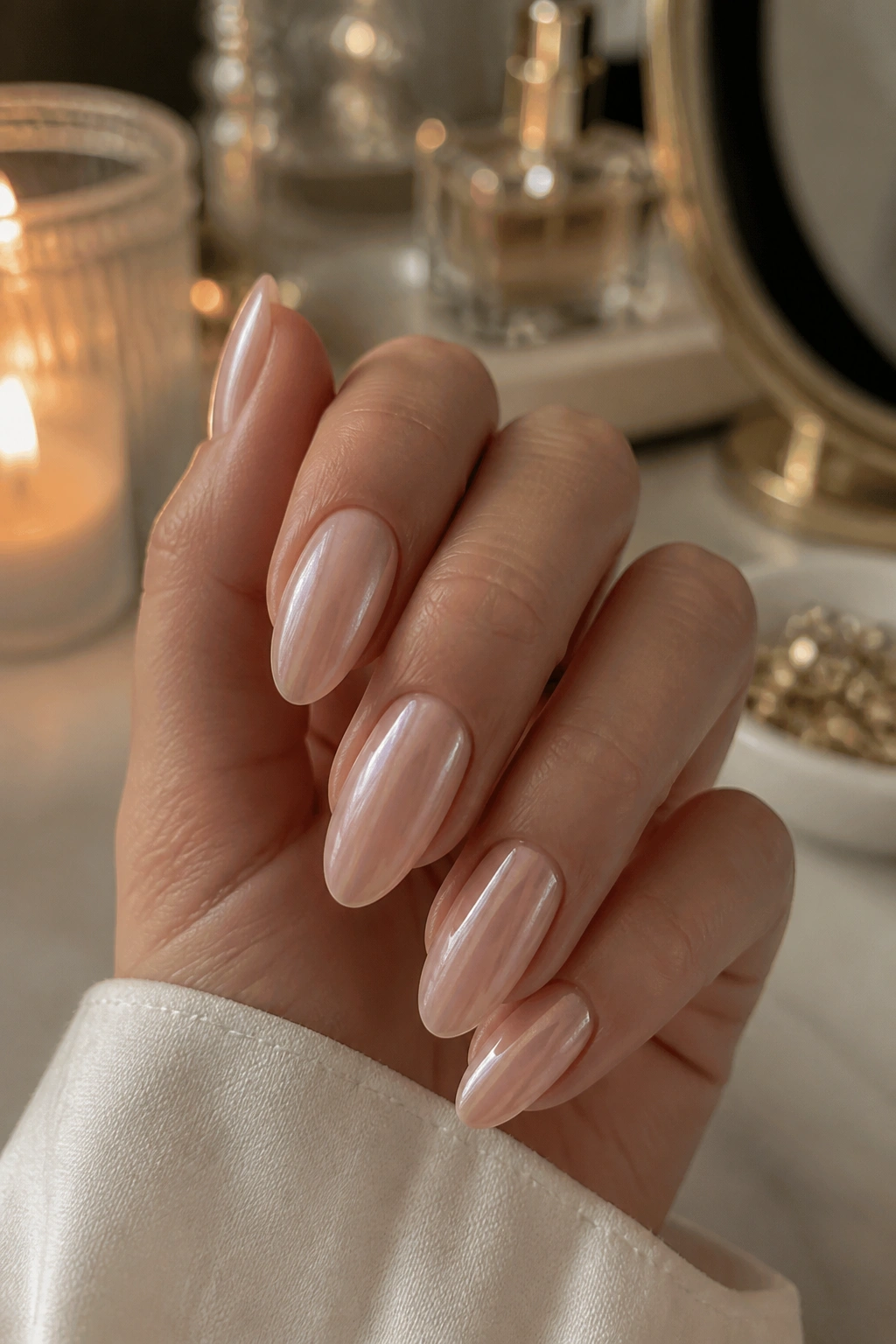 Close-up of a real hand with almond nails featuring a pearl veil overlay on nude base