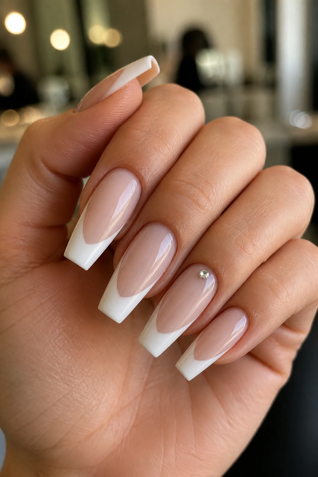 Hand with pearl-white French tips and tiny crystal accents