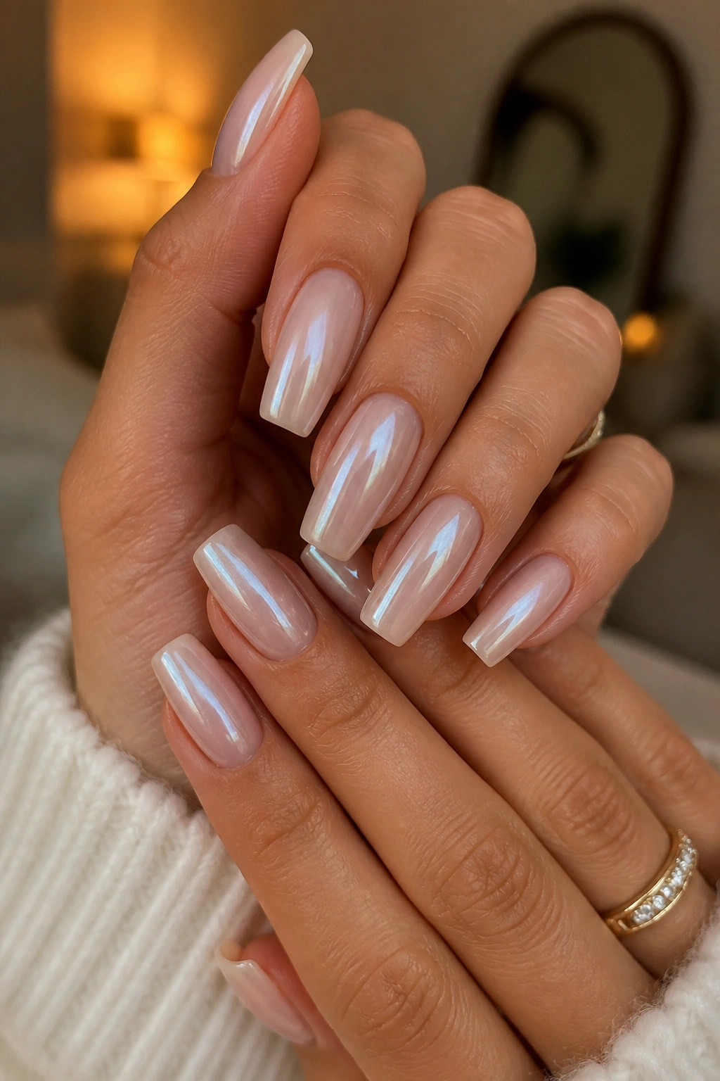 Close-up of hands showing pearly glazed coffin nails on soft beige base