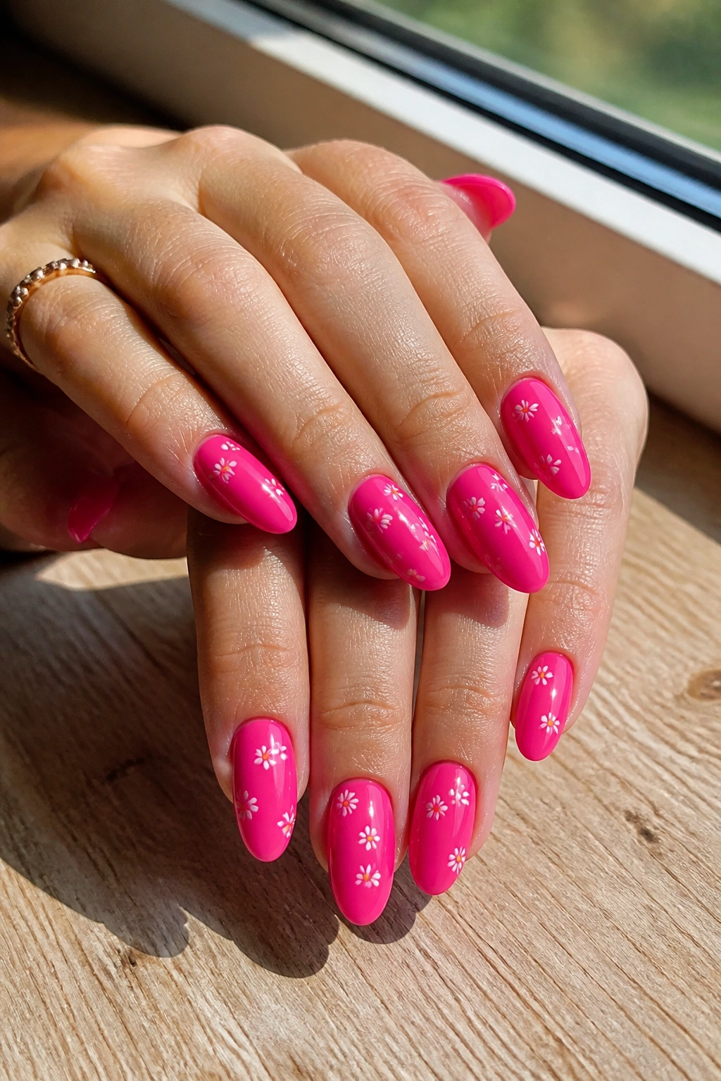 Hot pink almond nails with tiny white daisies close-up