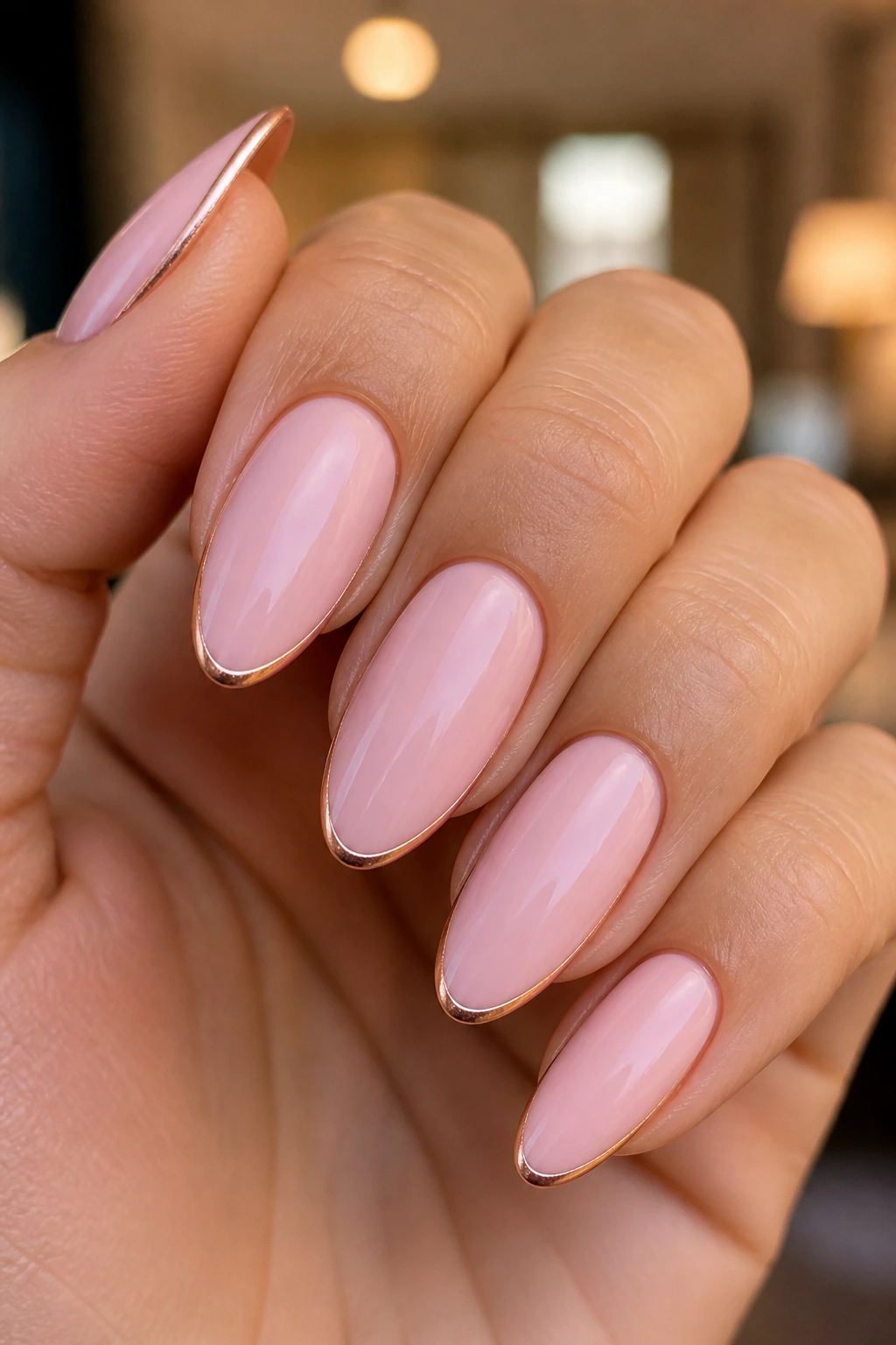 Close-up of pink almond nails with a hair-thin metallic outline on a real hand