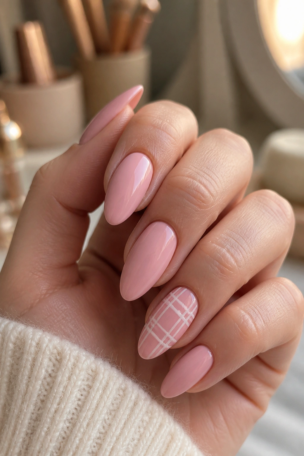 Close-up of pink almond nails with a plaid accent nail on a hand