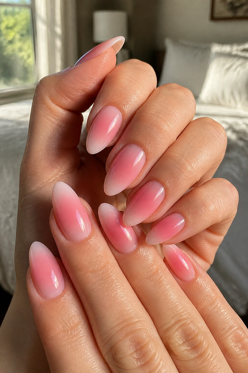 Close-up of pink aura nails on a real hand with centered glow