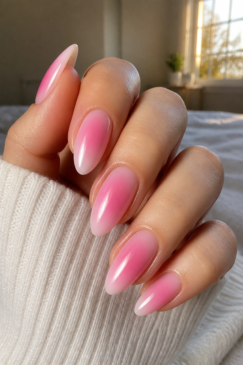 Almond nails with pink aura gradient on a real hand