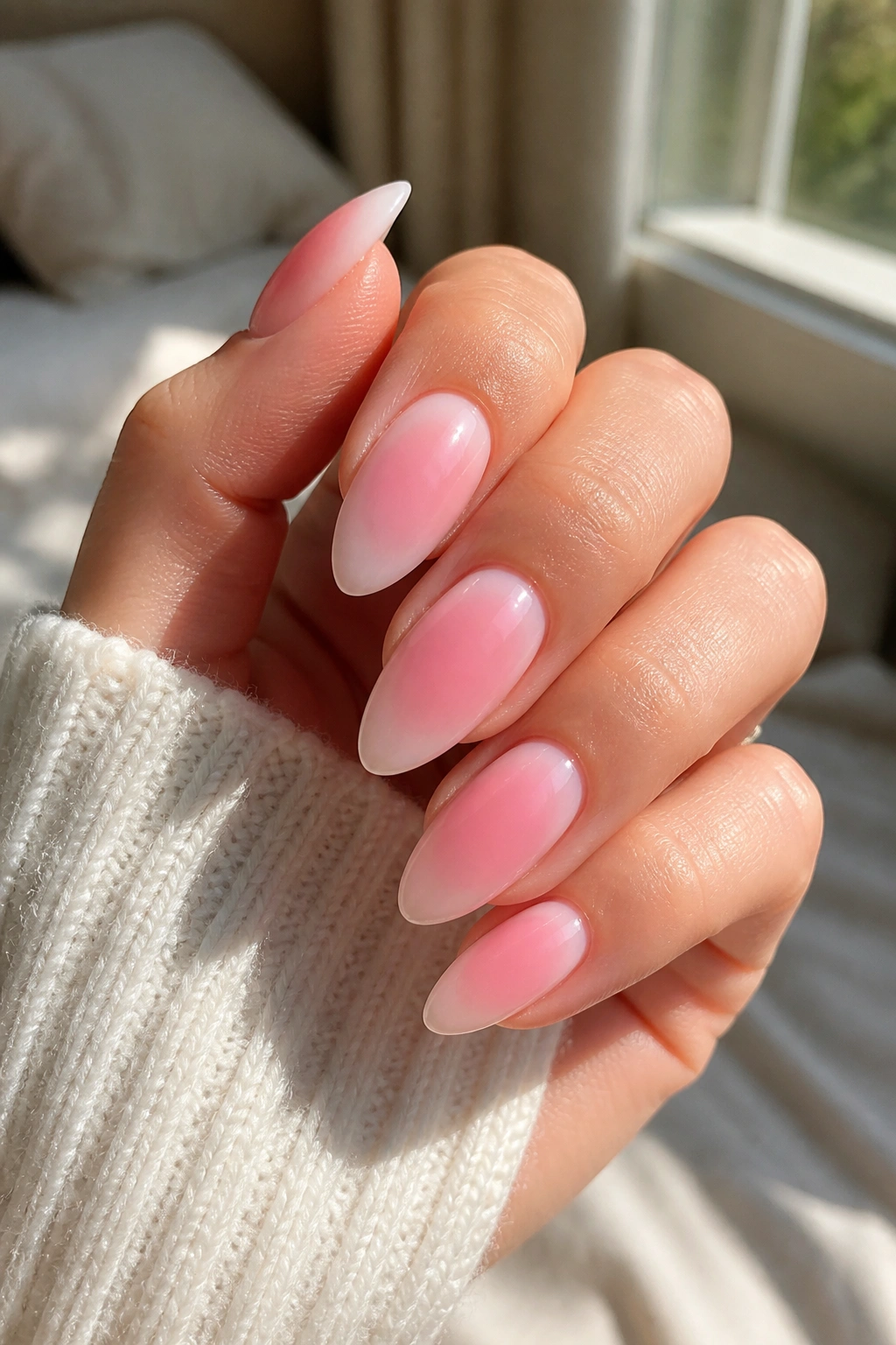 Close-up of long almond nails with a soft pink aura glow on a real hand in a cozy bedroom setting.