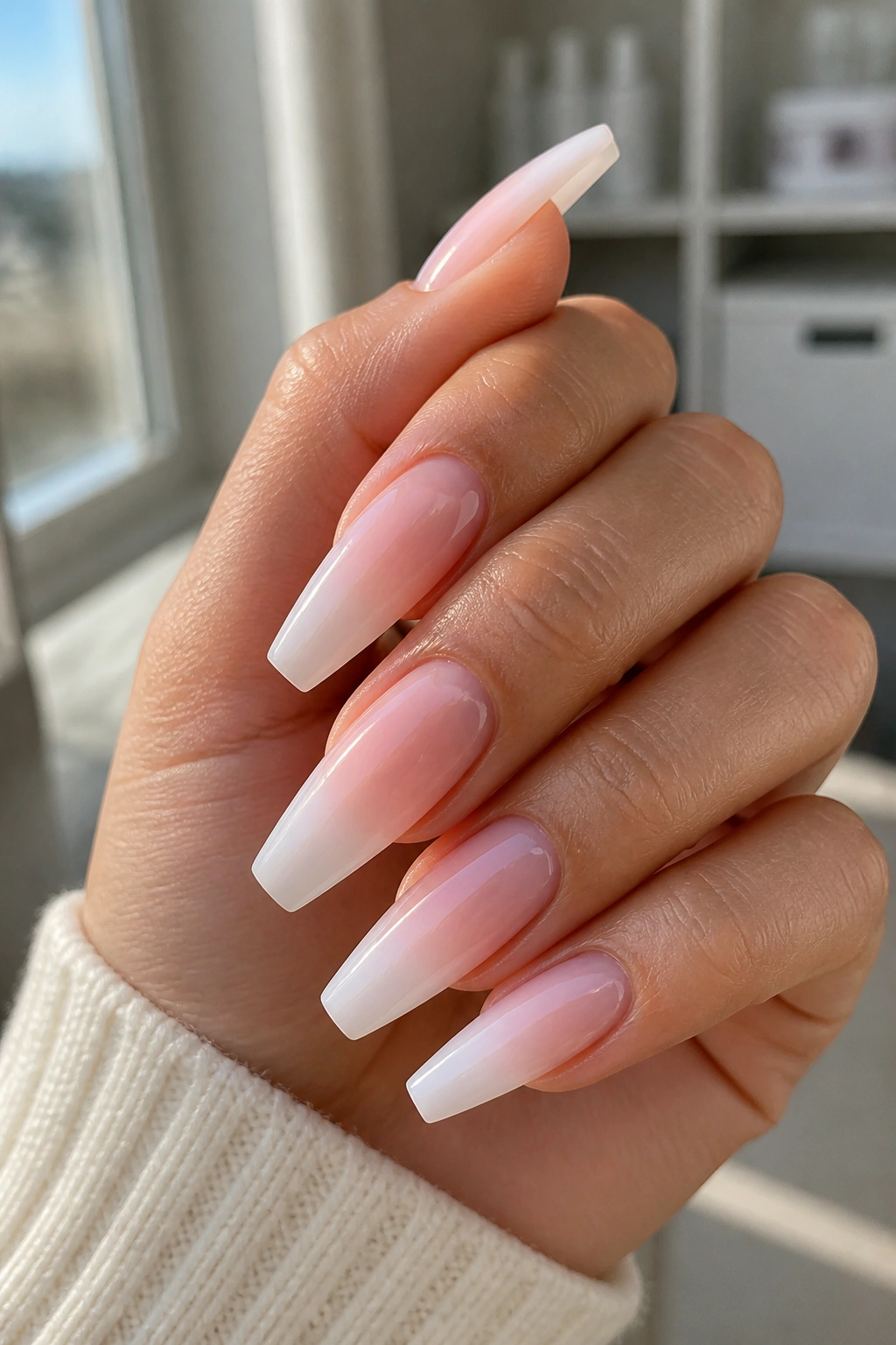 Close-up of baby boomer milky white coffin nails with pink base on a real hand