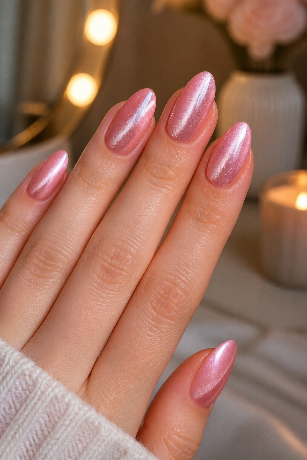 Close-up of pink cat-eye almond nails with diagonal stripe