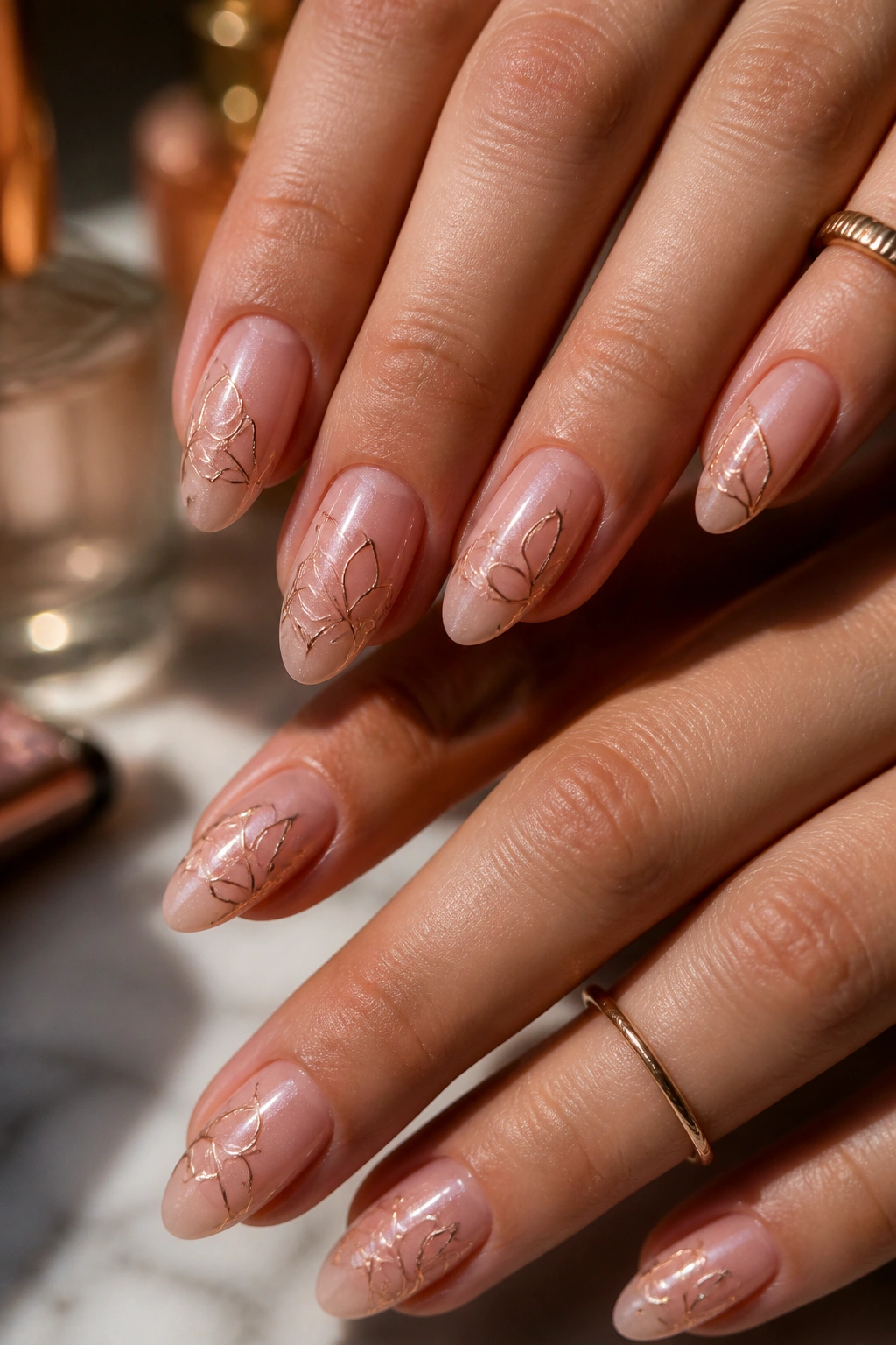 Almond nails with pink-champagne base and delicate petal outline lines