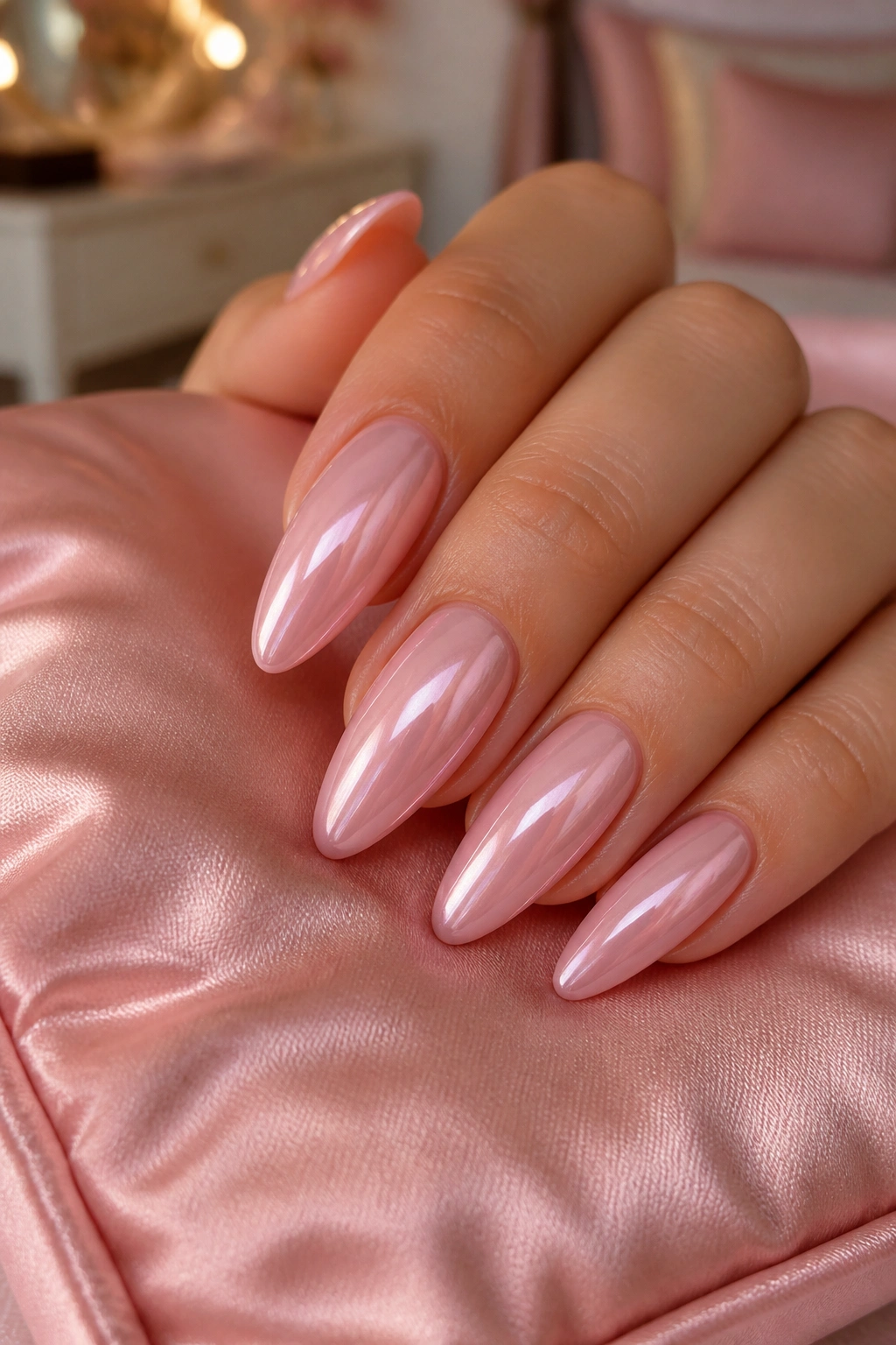 Close-up of a real hand with pink chrome glaze on long almond nails over soft blush base