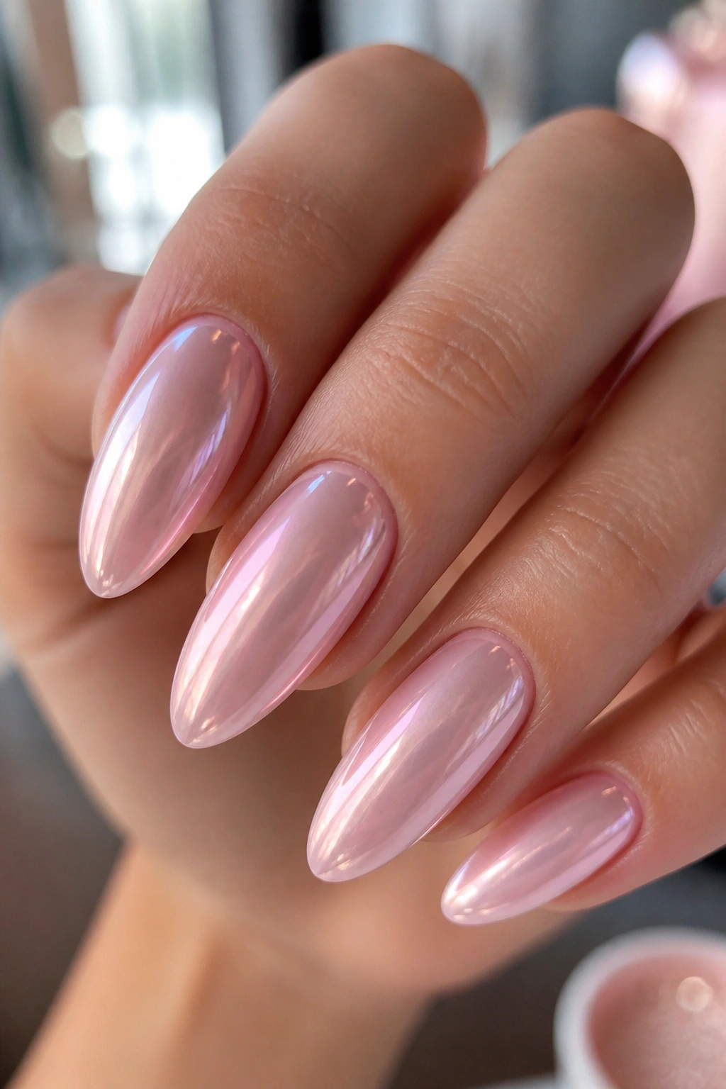 Close-up of a real hand with almond-shaped baby pink chrome nails, soft glow