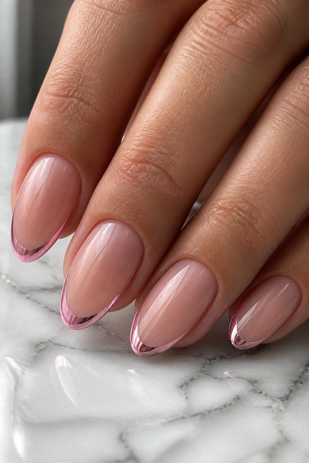 Close-up of pink chrome French tips on almond nails