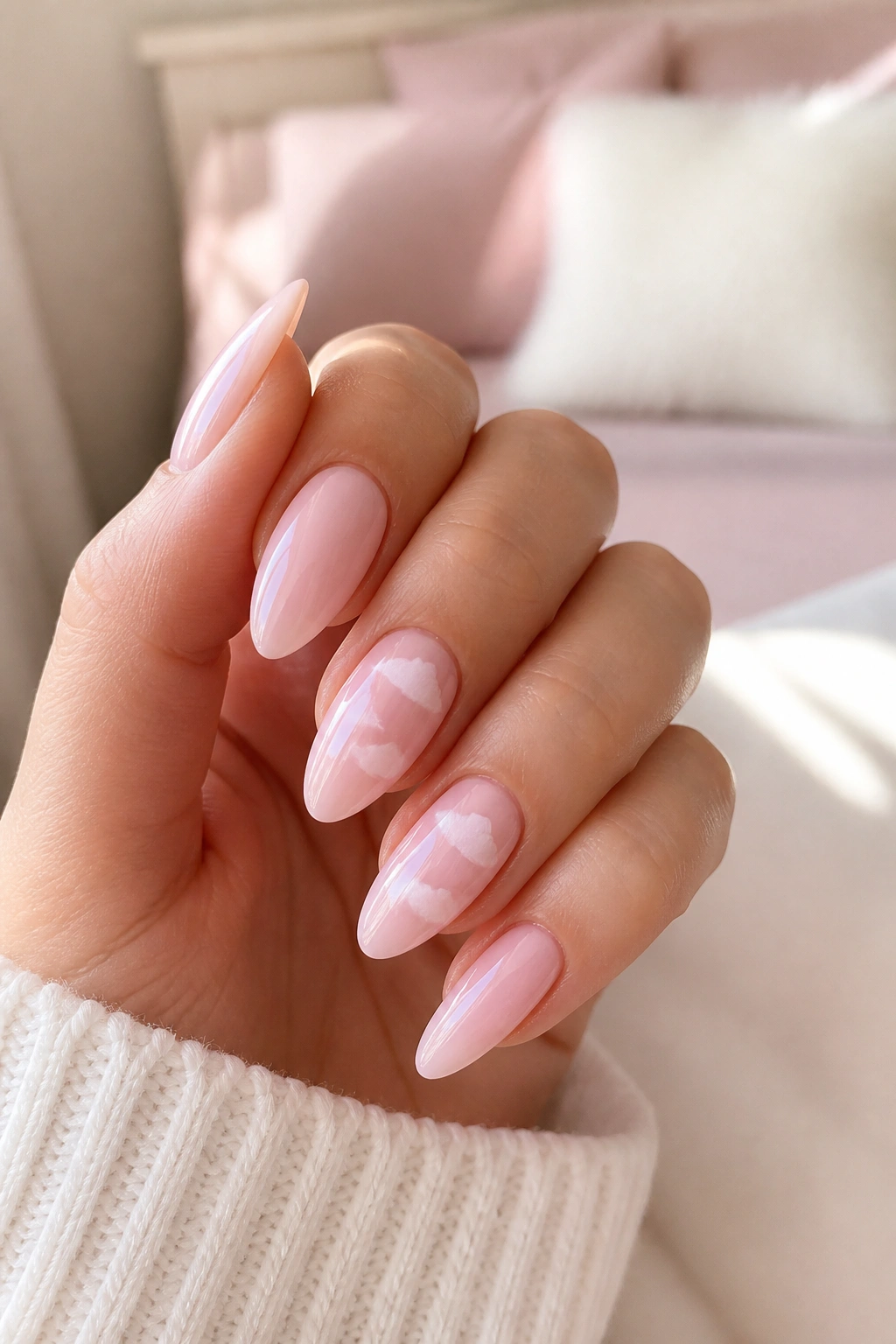 Close-up of almond nails with pale pink base and white cloud shapes