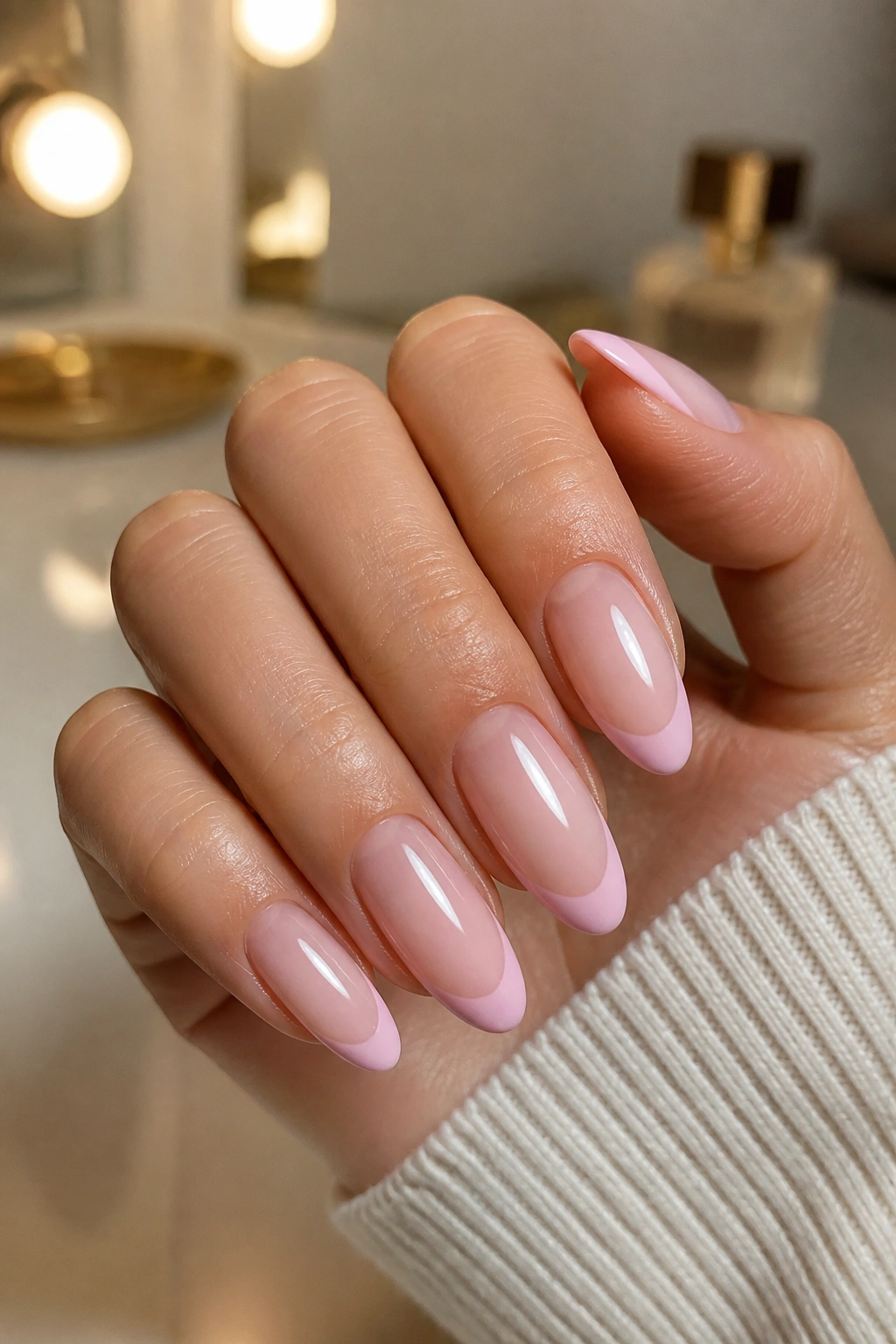 Close-up of an almond nail with sheer pink base and pink tip French manicure