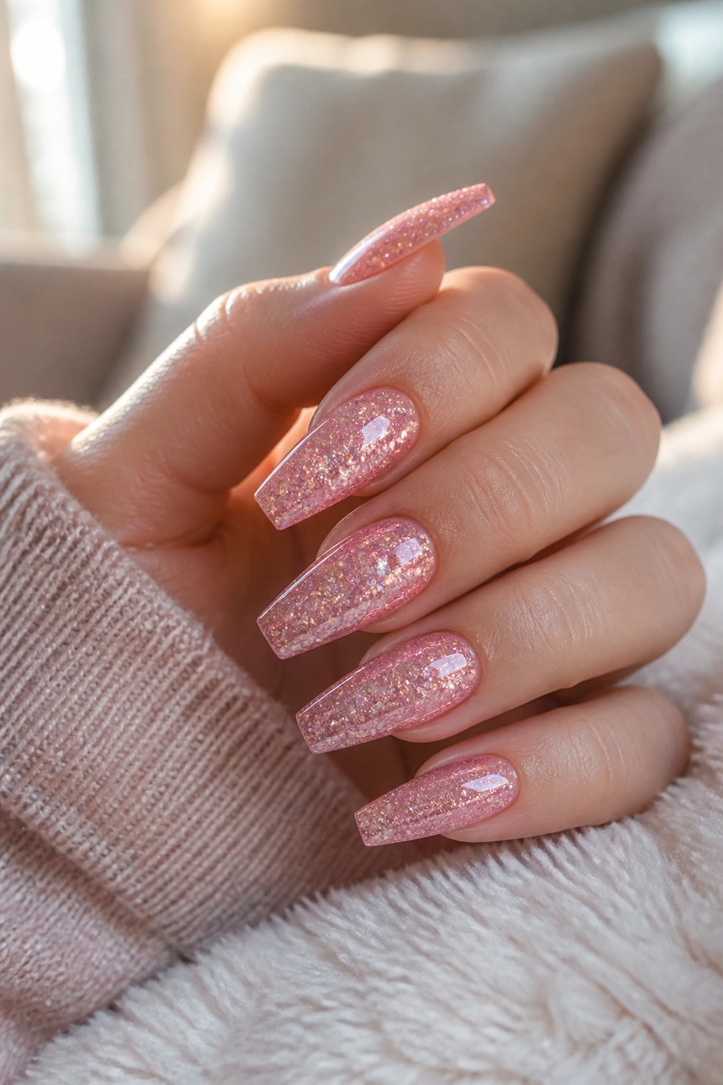 Close-up of real hand with pink glitter coffin nails in soft window light