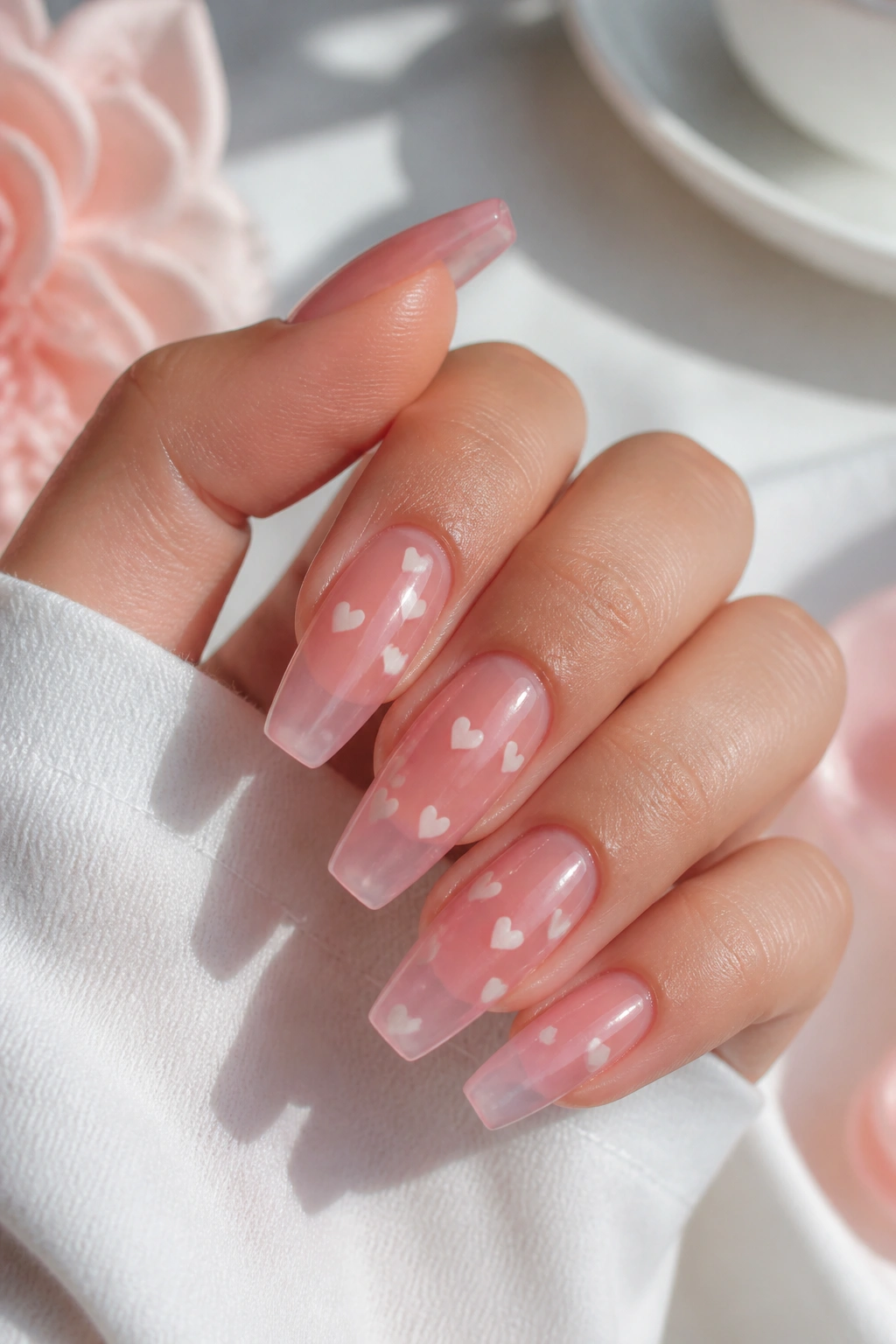 Jelly-pink coffin nails with small white hearts that appear to float inside the nails