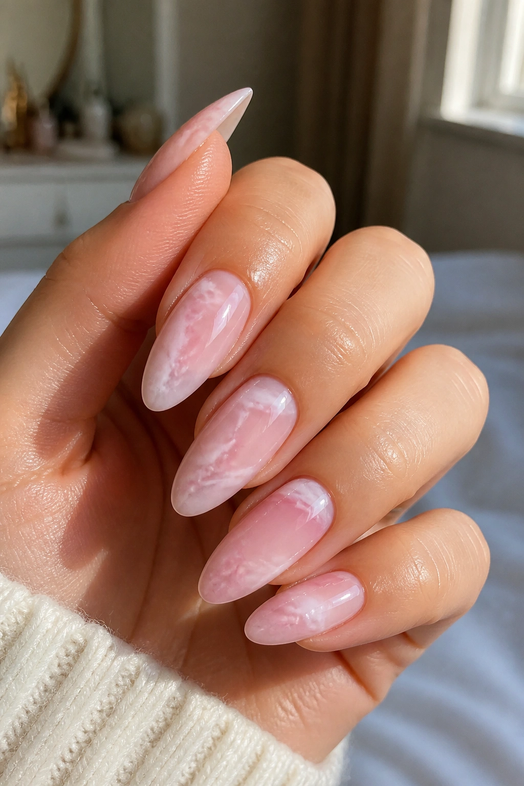 Close-up of a real hand with pink almond nails showcasing pink marble veining.
