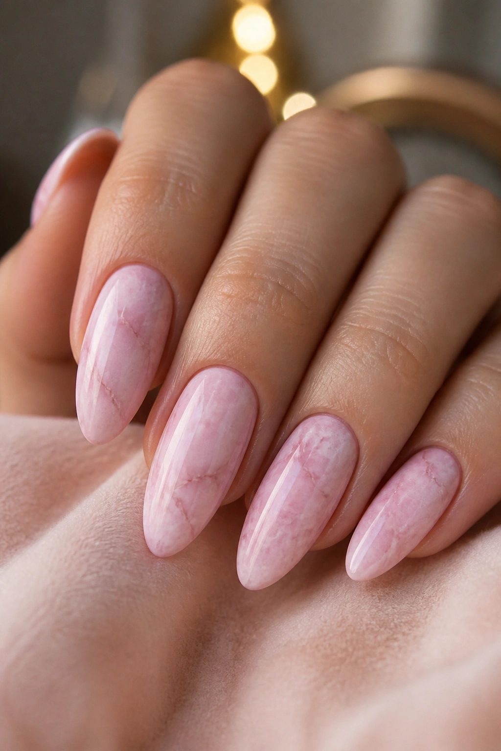 Close-up pink marble almond nails with white and mauve veins