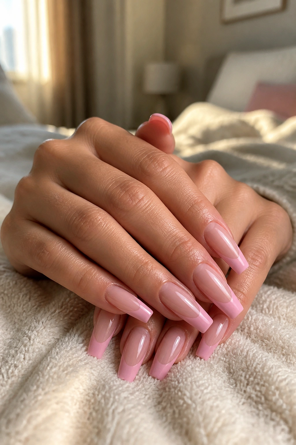 Close-up of real hands showing pink milky base nails with pink French tips
