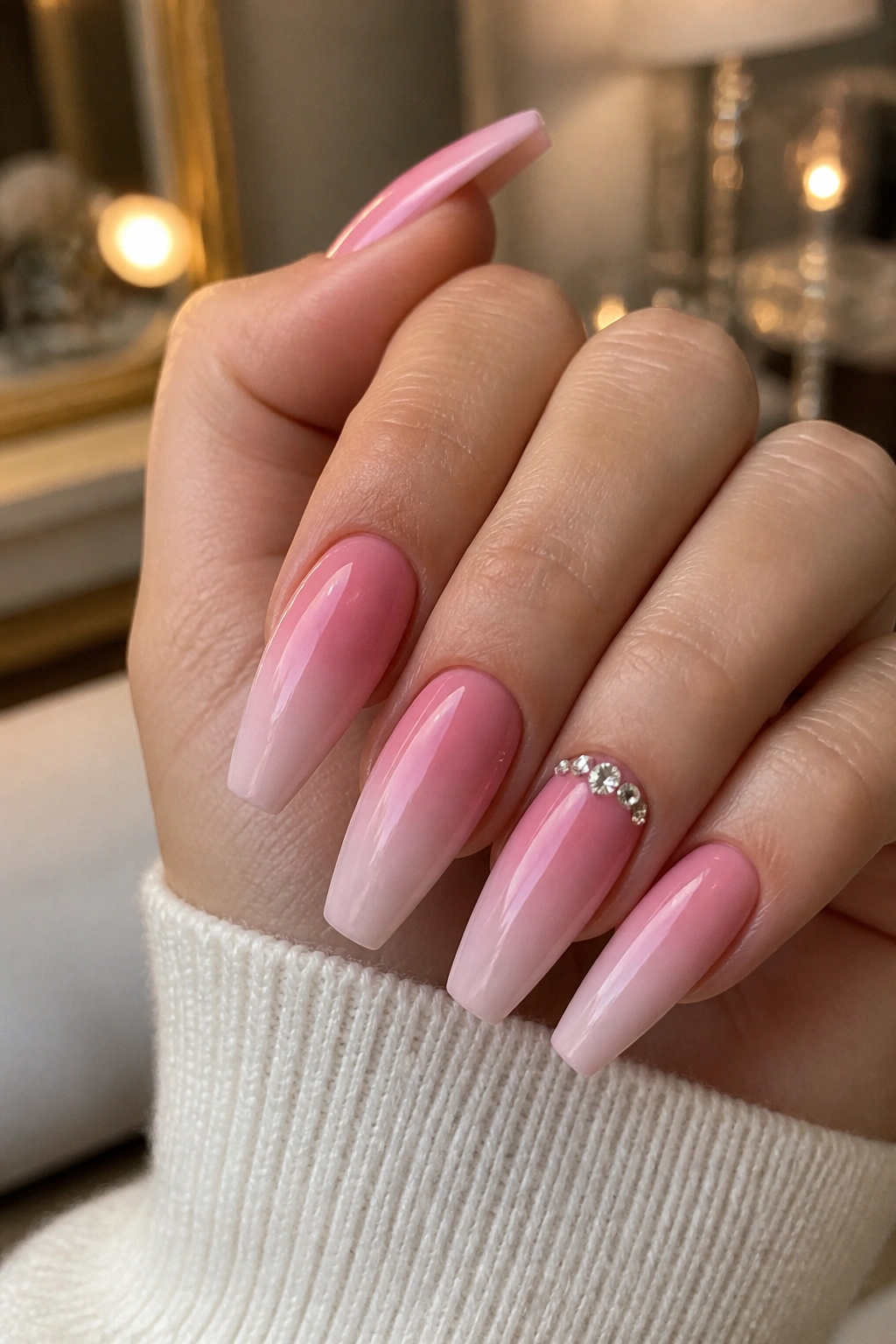 Close-up of pink ombre nails with tiny crystal cuticle accents on a real hand