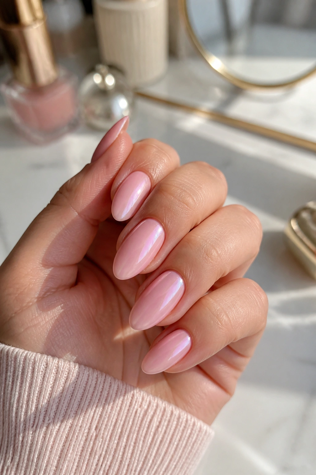 Close-up of almond nails with pink pearl glaze on a real hand