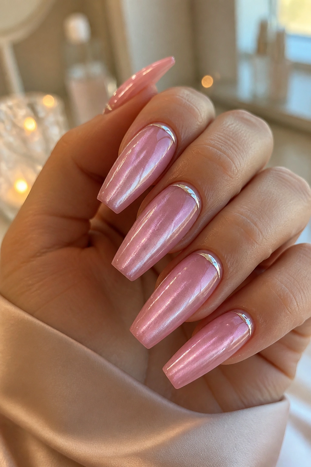 Close-up of real hand displaying pink pearl moonline cat eye coffin nails with a thin silver moonline near the cuticle