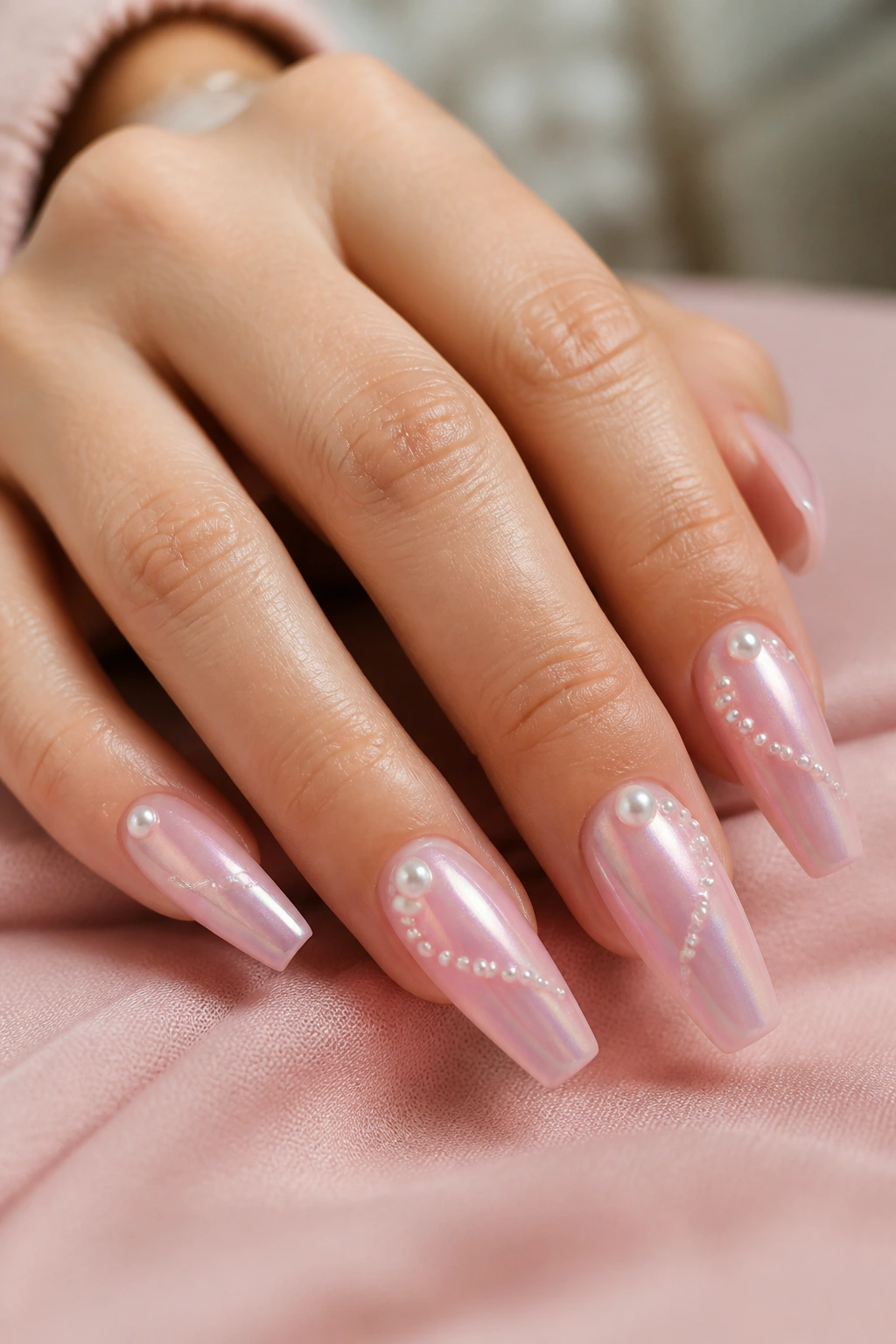 Close-up of pink pearl coffin nails with tiny micro-pearls on a real hand