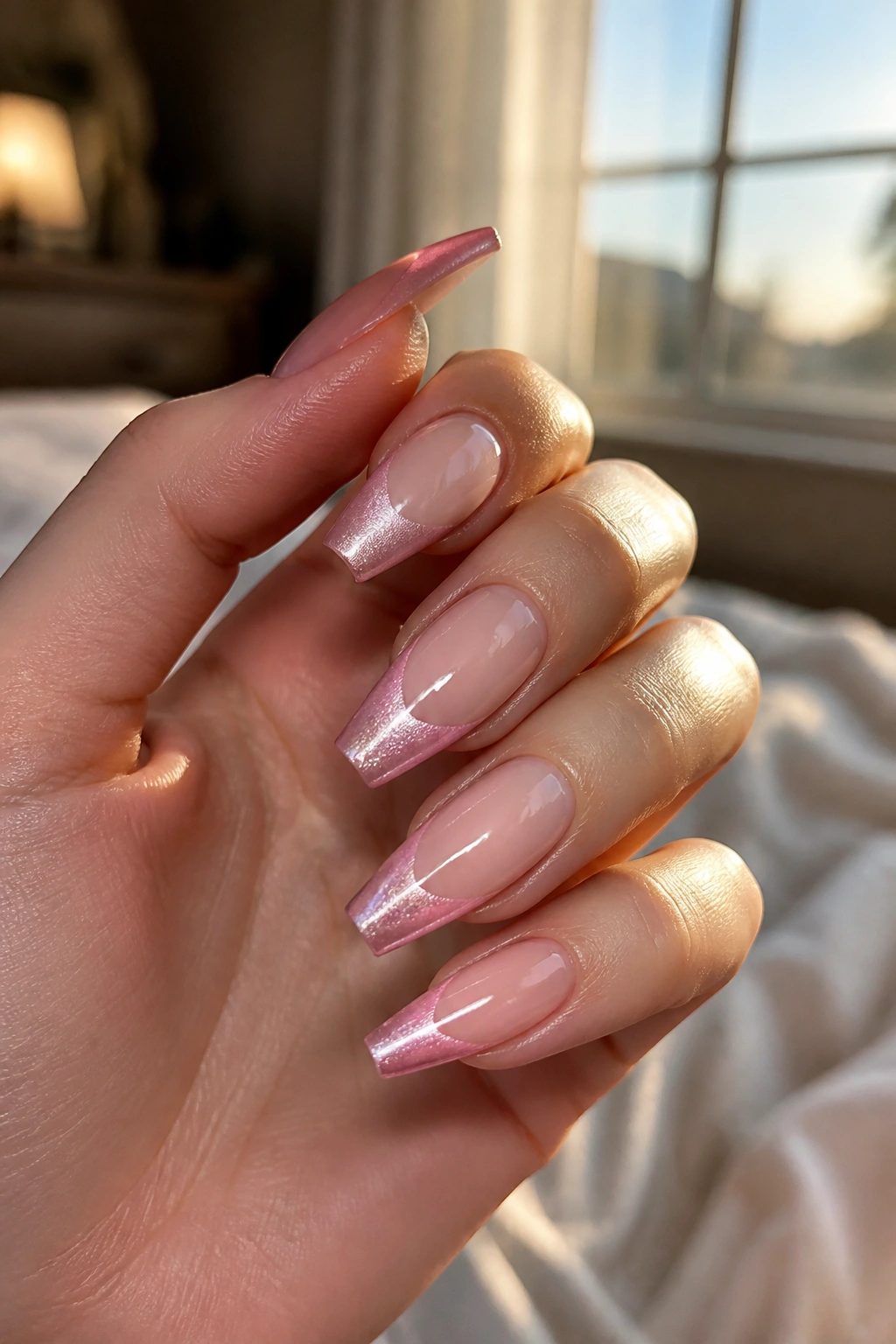 Close-up of real hand featuring pink quartz French cat eye nails on a nude base