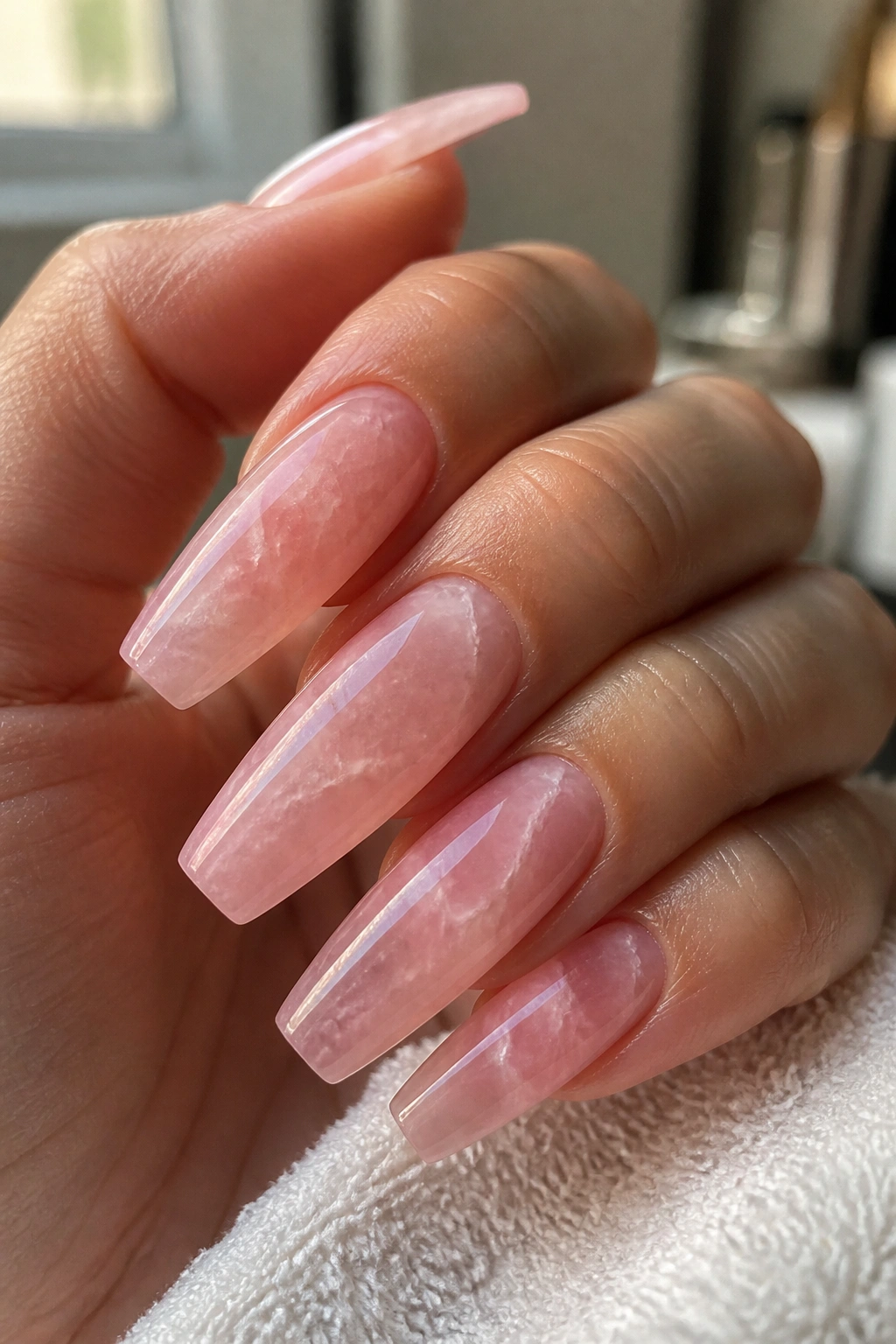 Close-up of pink quartz coffin nails with translucent veining on a real hand
