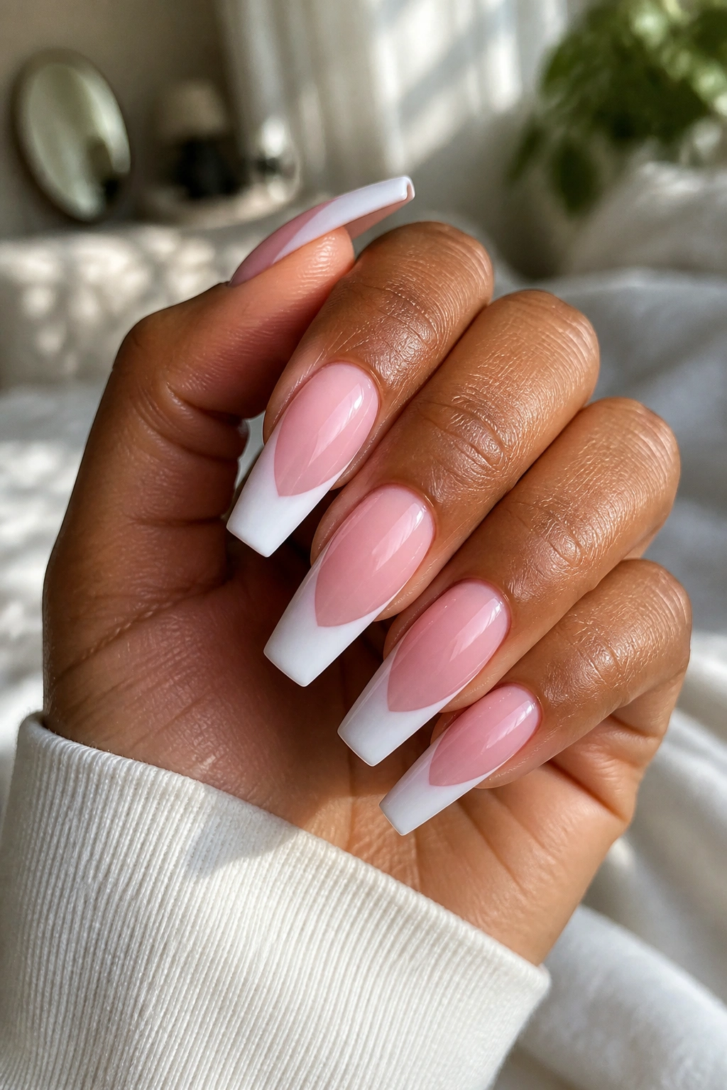 Close-up of pink and white coffin nails on a hand in a cozy bedroom setting
