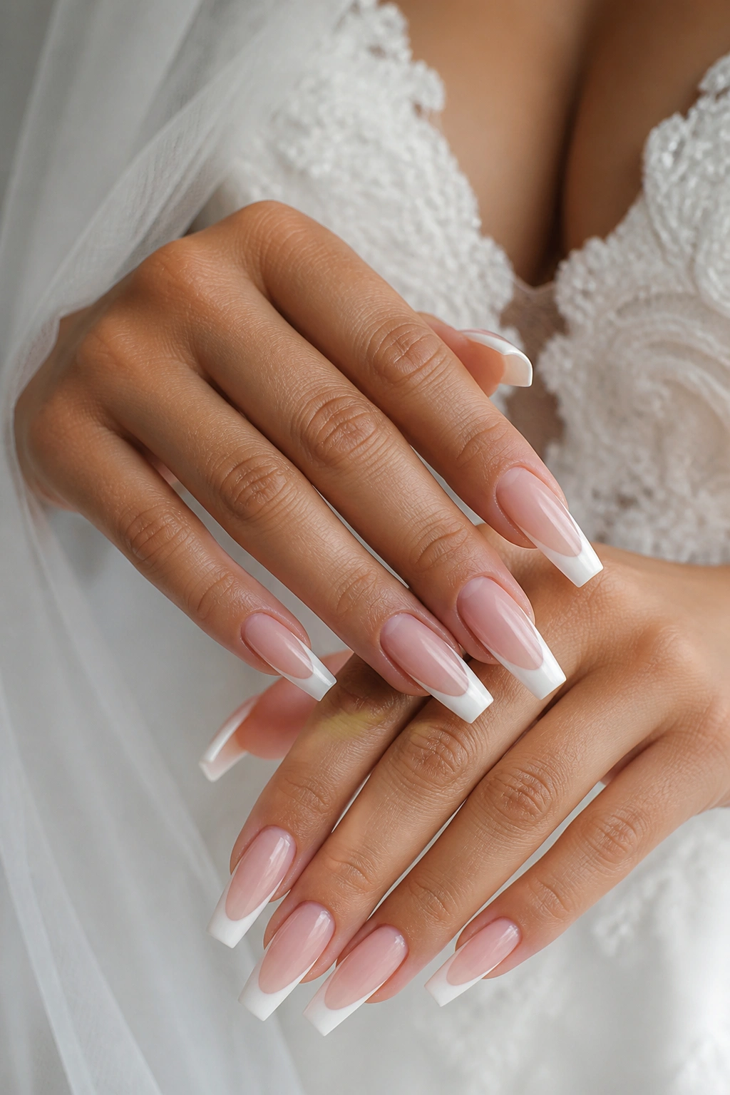 Close-up of sculpted pink-and-white coffin nails with a crisp smile line