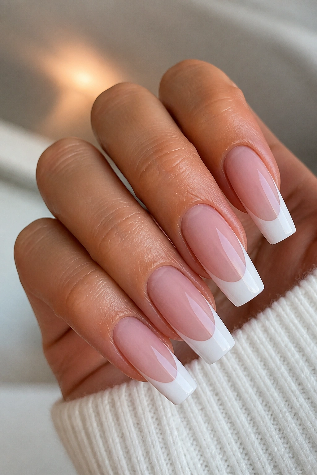 Close-up of pink and white French coffin nails with a deep smile line