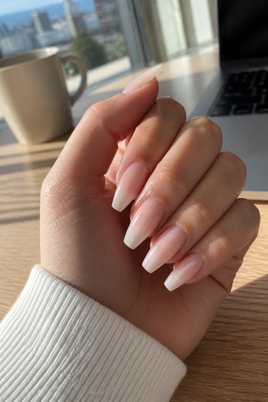 Close-up of pink-to-white fade nails on a woman's hand.
