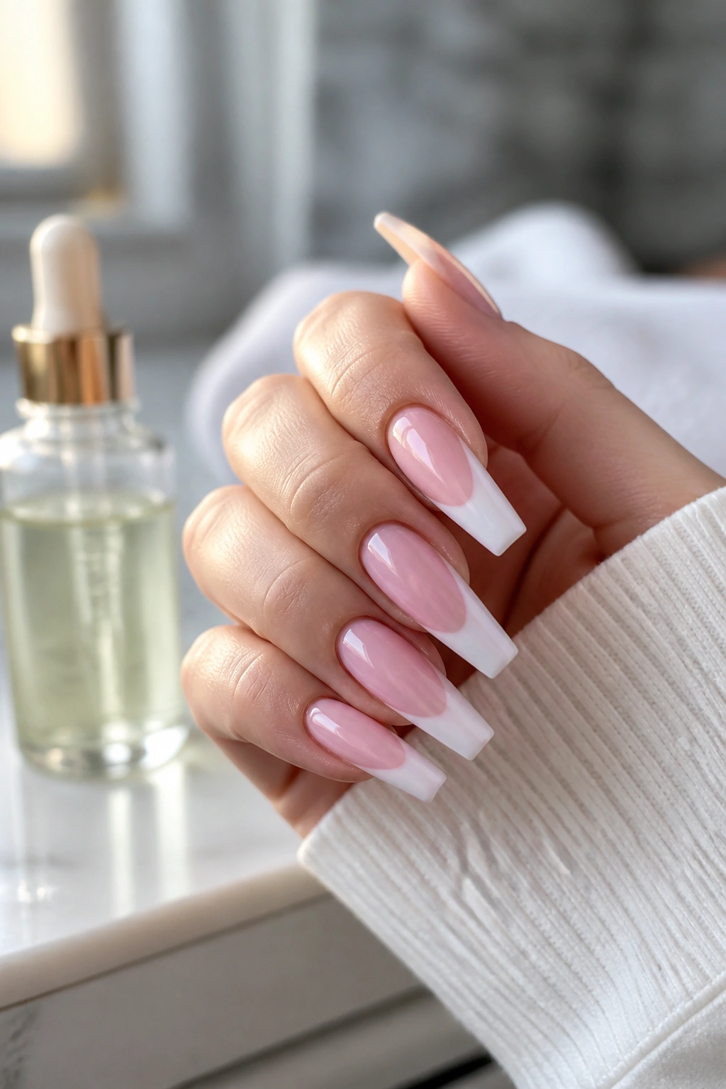 Close-up of pink and white coffin nails on a real hand with a soft bathroom background