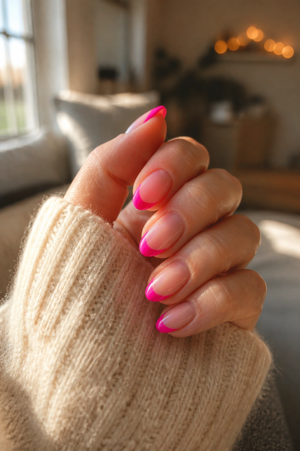 Close-up of a real hand with short almond nails and hot pink French tips dominating the frame