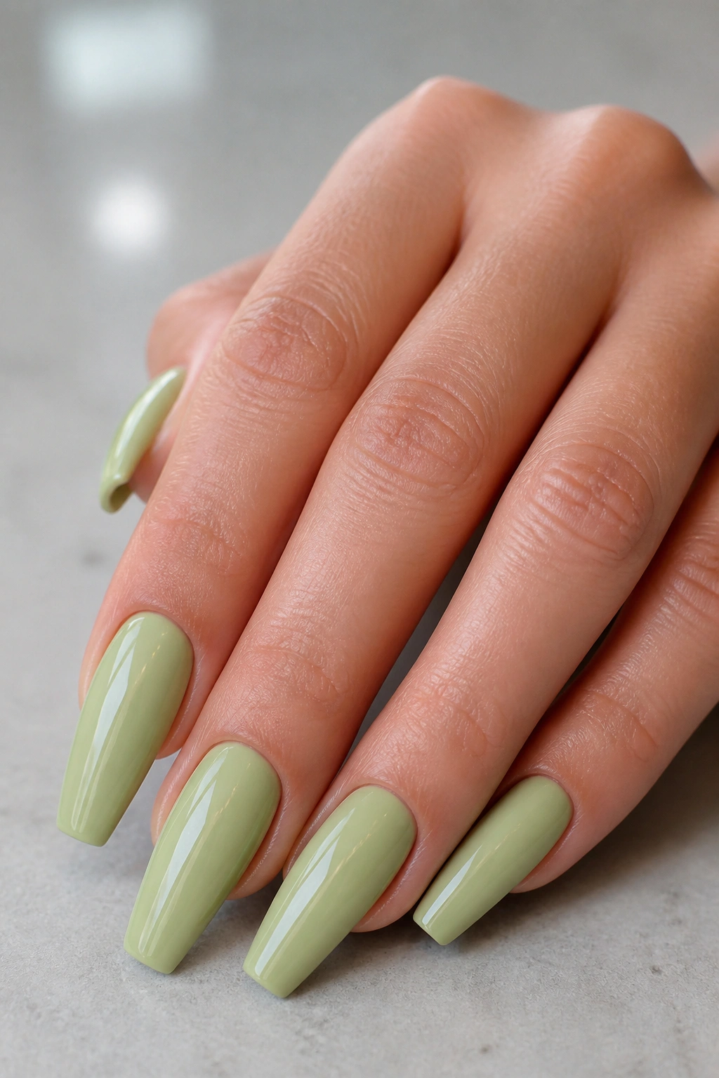Close-up of pistachio green cream finish coffin nails on real hand