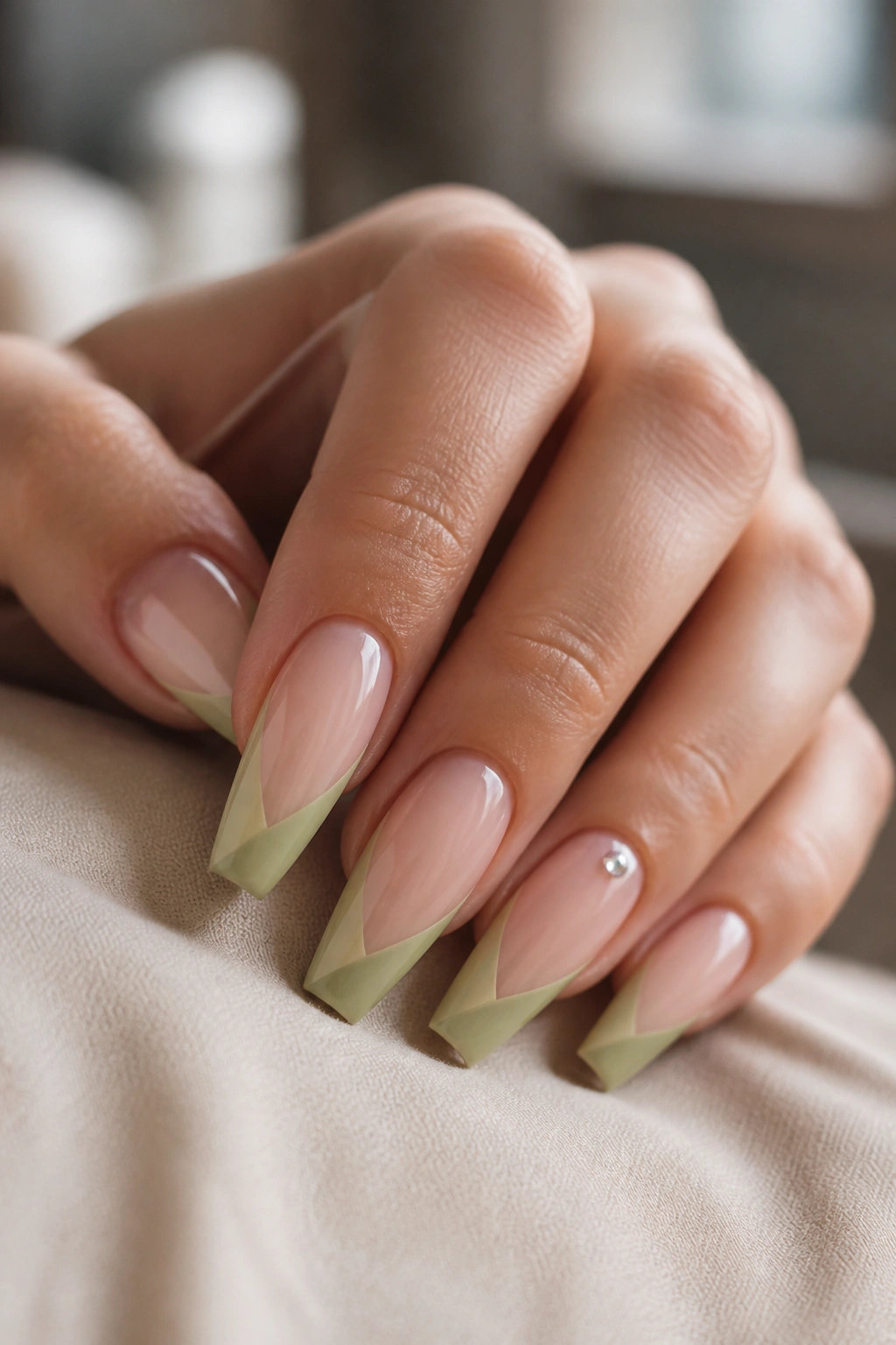 Close-up of pistachio green angled French tips with a tiny crystal accent on a real hand