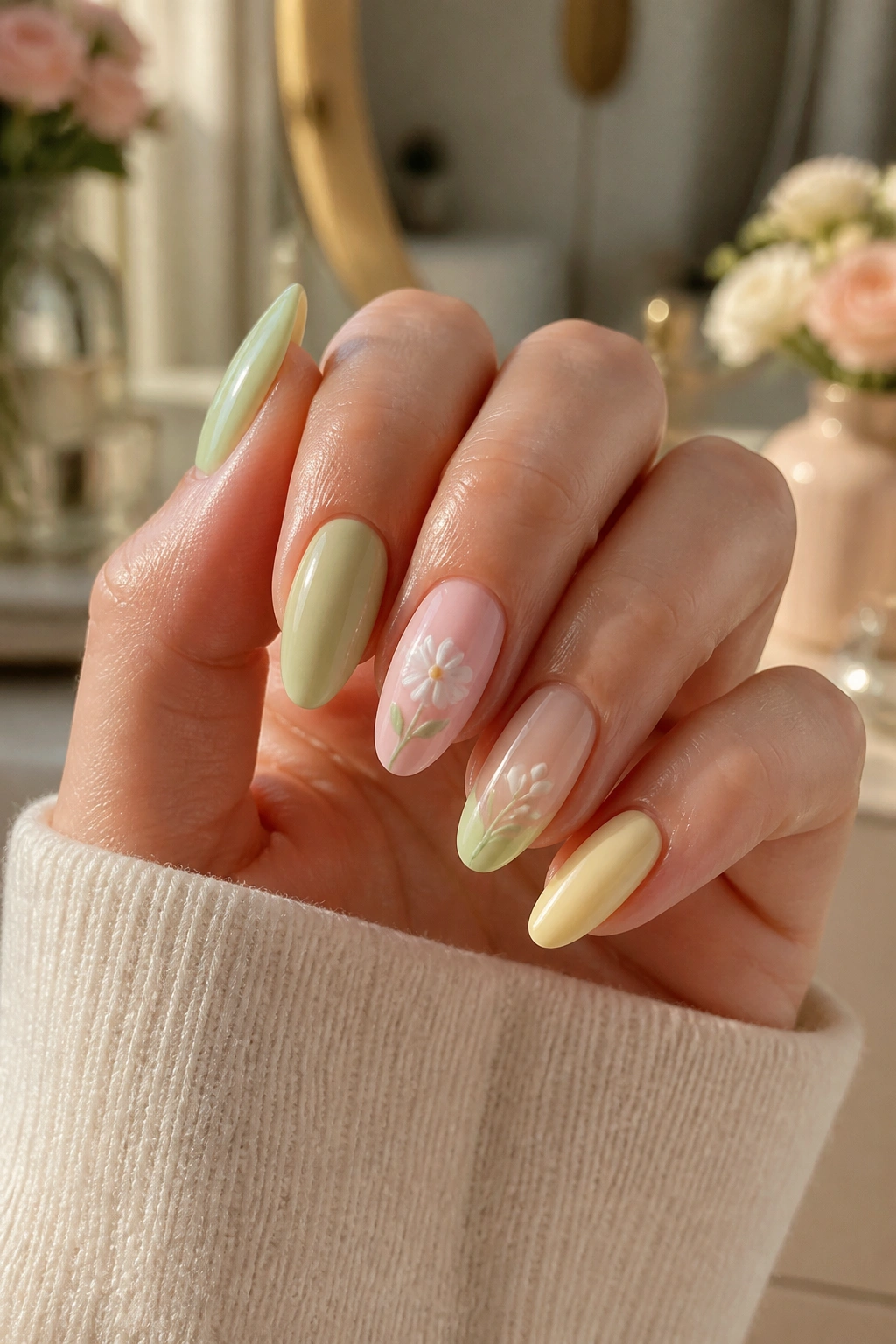 Close-up of almond nails with pistachio and blush floral mix on a real hand