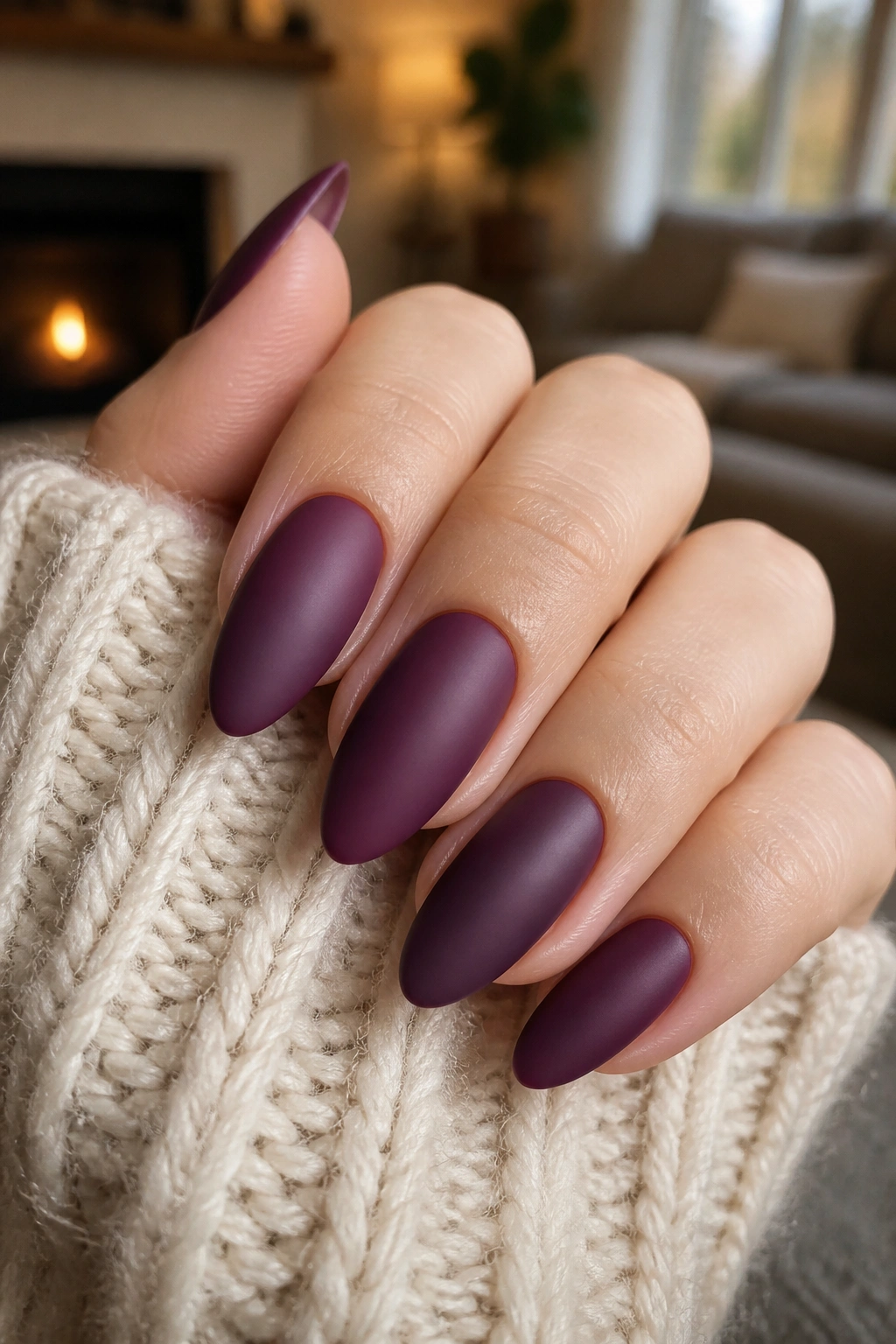 Close-up of real hand with long almond plum nails in satin finish on cream knit, warm ambient light